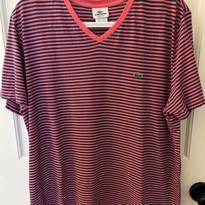 Lacoste Coral and Navy Striped Tee Size 6